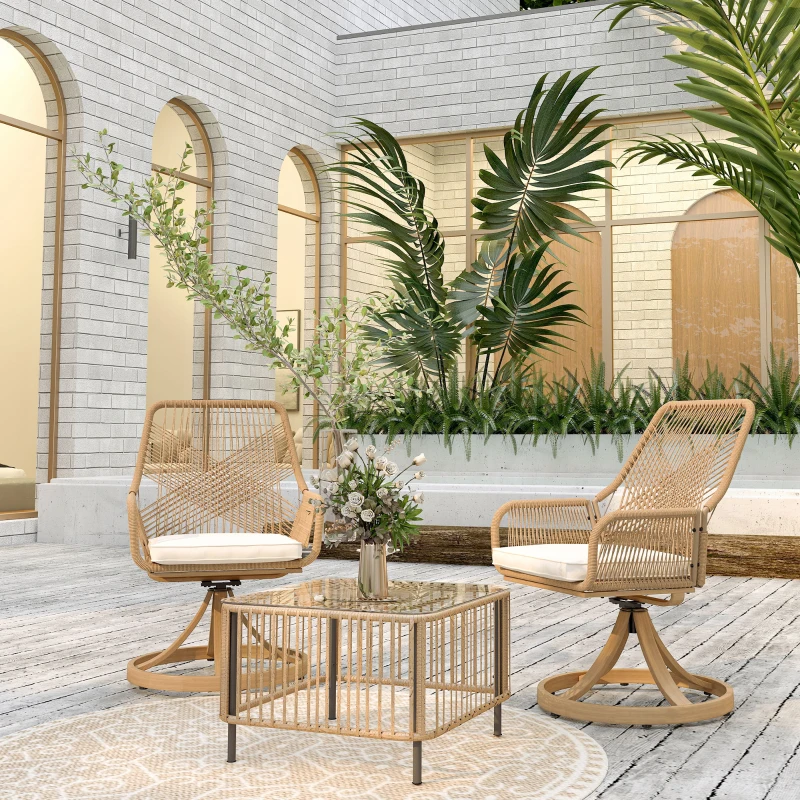 Outsunny Outdoor Swivel Dining Chairs Set of 2, Patio Rattan Chairs with Soft Cushions for Garden, Backyard, Poolside, Khaki