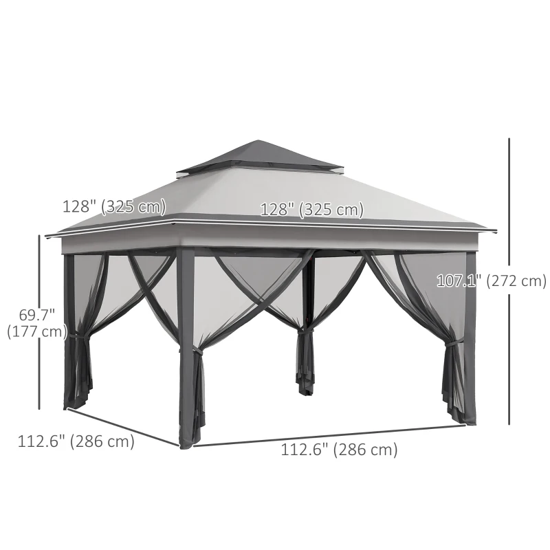 Outsunny 10.7 x 10.7ft Pop Up Gazebo, Adjustable Instant Sun Shelter with UV30+ Roof Cover, Removable Mesh Curtains, Light Grey