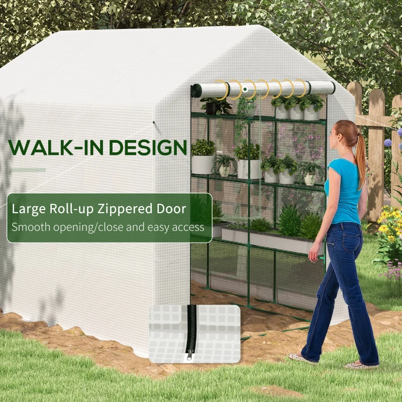 Outsunny Outdoor Walk-in Greenhouse with Roll-up Zipper Door, 18 Shelves, PE Cover, 95.25" x 70.75" x 82.75", White