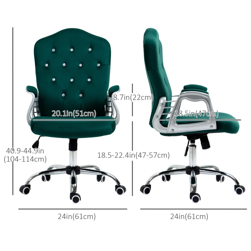 Vinsetto Velvet Computer Chair, Button Tufted Desk Chair with Swivel Wheels, Adjustable Height, Green