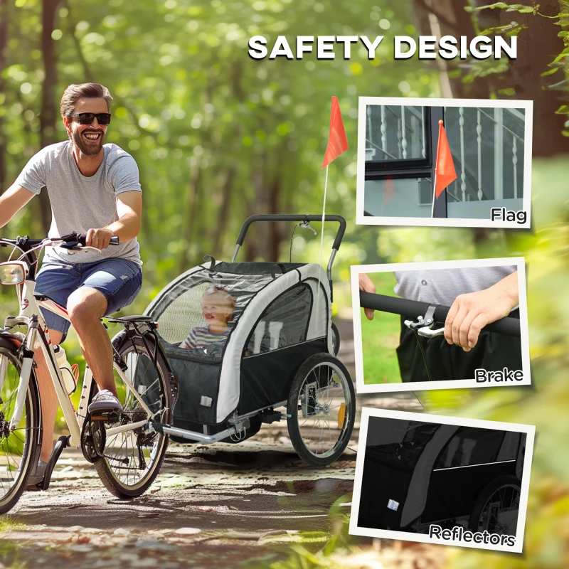 Aosom 2-in-1 Bike Trailer for Kids, Foldable 2-Seat Baby Stroller with 5-Point Harness, Rubber Wheels, Storage Bag, Black