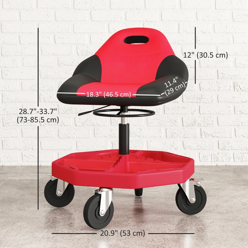 HOMCOM Rolling Garage Stool, 300 LBS Capacity Mechanic Stool with 5" Wheels, Tool Tray Storage, Adjustable Height, Red
