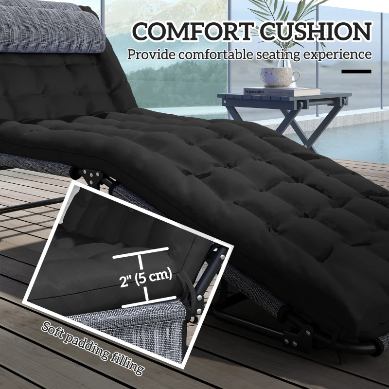 Outsunny 2-Piece Folding Lounge Chairs with Adjustable Backrest, Tanning Chair with Cushion, Side Pocket, Headrest, Black