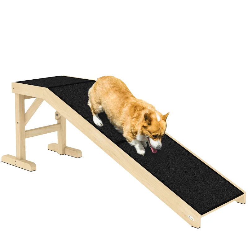 PawHut Pet Ramp Bed Steps for Dogs Cats Non-slip Carpet Top Platform Pine Wood 59"L x 16"W x 20"H Natural Wood