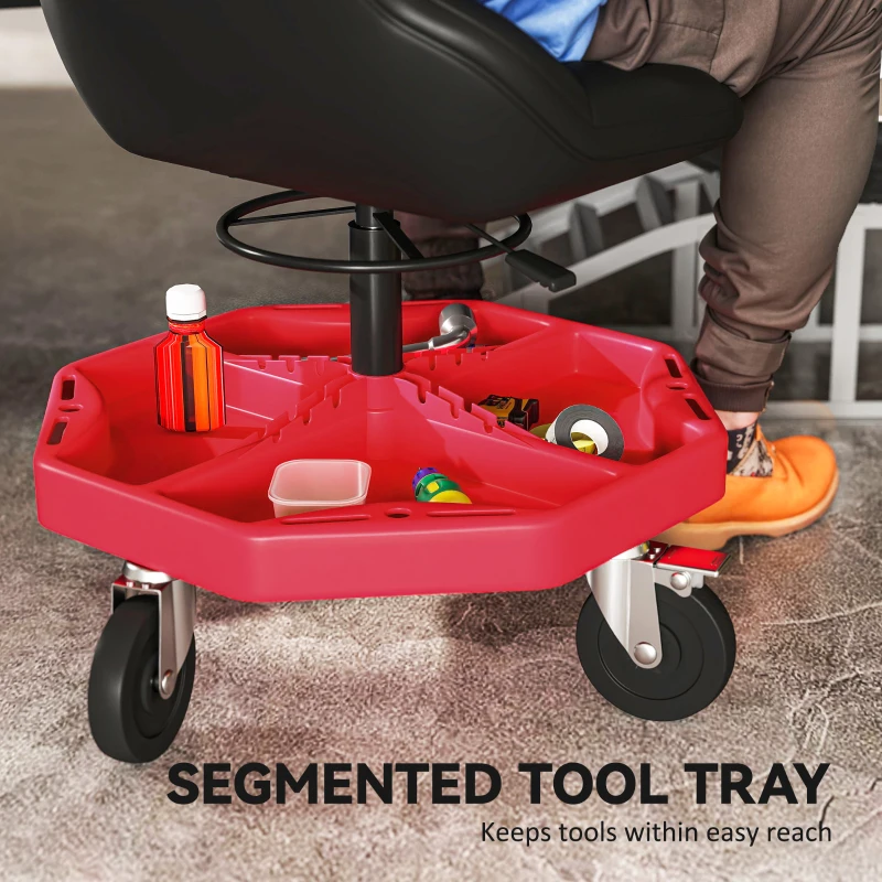 HOMCOM Rolling Garage Stool, 300 LBS Capacity Mechanic Stool with 5" Wheels, Tool Tray Storage, Adjustable Height, Red