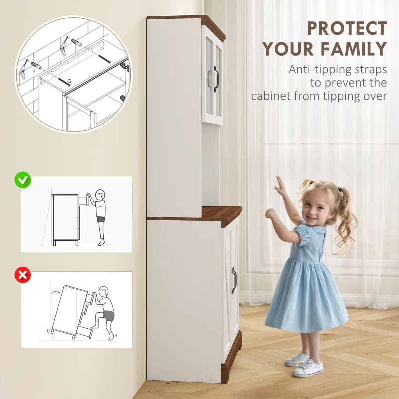 HOMCOM 70" Farmhouse Pantry Cabinet, Kitchen Hutch Storage Cabinet with Glass Doors, Adjustable Shelves, Open Microwave Countertop, White