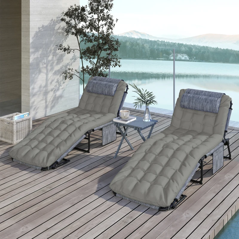 Outsunny 2-Piece Folding Lounge Chairs with Adjustable Backrest, Tanning Chair with Cushion, Side Pocket, Headrest, Grey