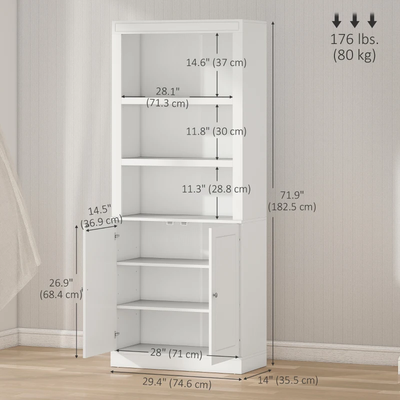 HOMCOM 72" Kitchen Buffet with Hutch, Freestanding Cupboard, Pantry with 6-Tier Shelving, 2 Doors Cabinet with Adjustable Shelves, White, Wood Grain