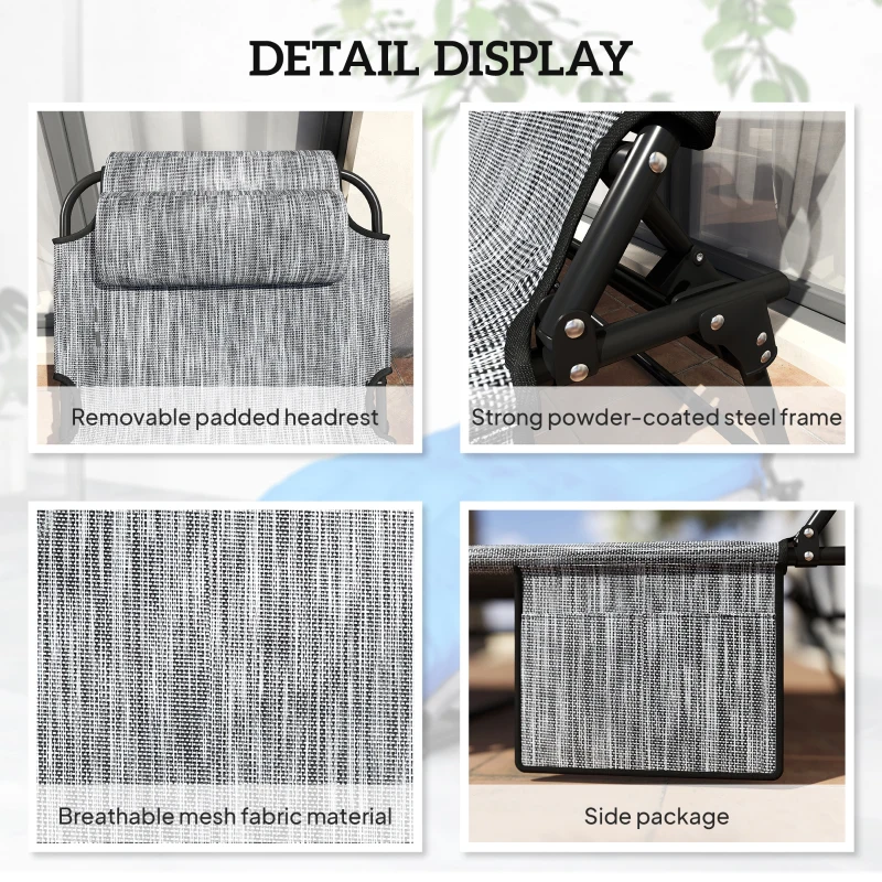Outsunny 2 Pieces Folding Lounge Chairs with 4-level Reclining Back, Outdoor Tanning Chair with Cushion, Sun Lounger with Breathable Mesh Fabric, Side Pocket, Headrest, Blue