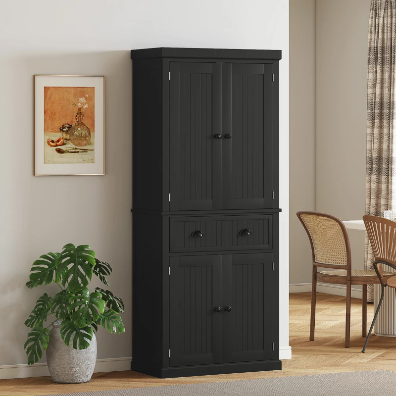 HOMCOM 72" Kitchen Pantry Storage Cabinet, Cupboard with 4 Doors and 3 Adjustable Shelves, Large Central Drawer, Black