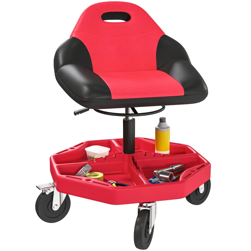 HOMCOM Rolling Garage Stool, 300 LBS Capacity Mechanic Stool with 5" Wheels, Tool Tray Storage, Adjustable Height, Red