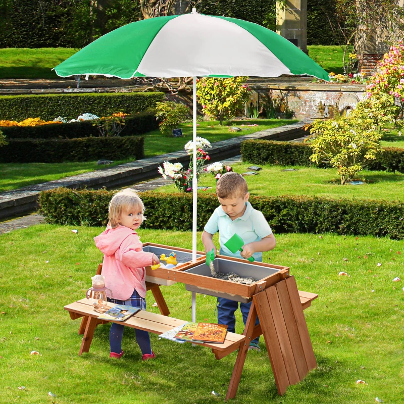 Outsunny Kids 3 in 1 Sand and Water Table, Wooden Outdoor Convertible Picnic Table with Umbrella and Storage Inside, Bench Backyard Furniture for Garden, Patio, or Balcony