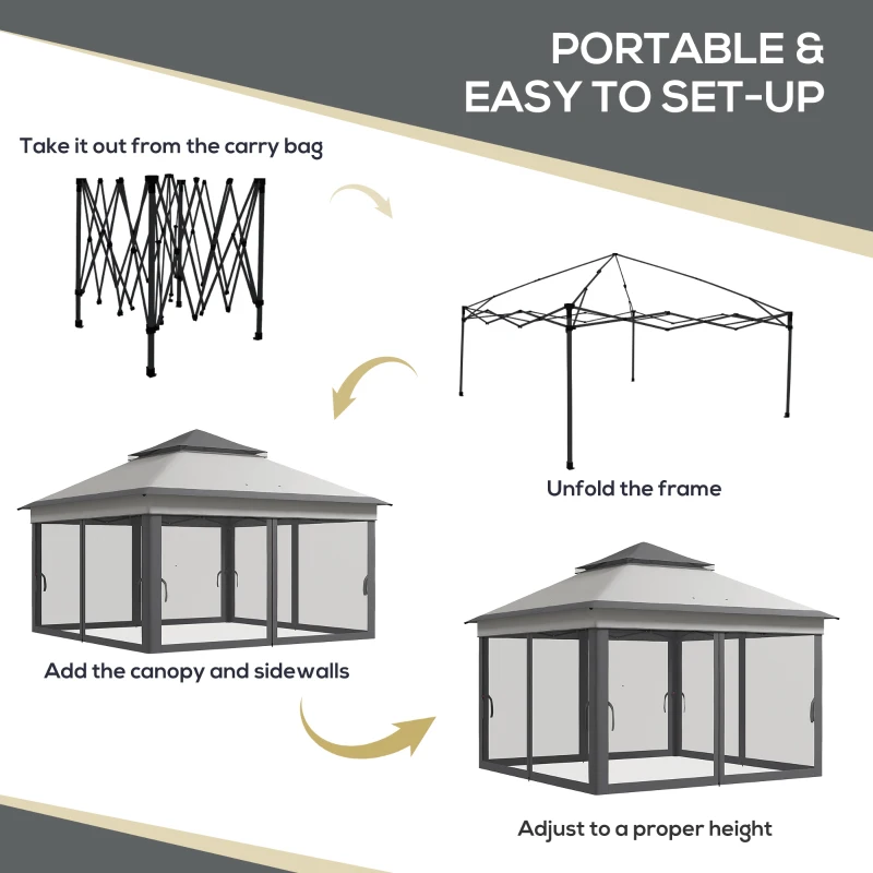 Outsunny 10.7 x 10.7ft Pop Up Gazebo, Adjustable Instant Sun Shelter with UV30+ Roof Cover, Removable Mesh Curtains, Light Grey