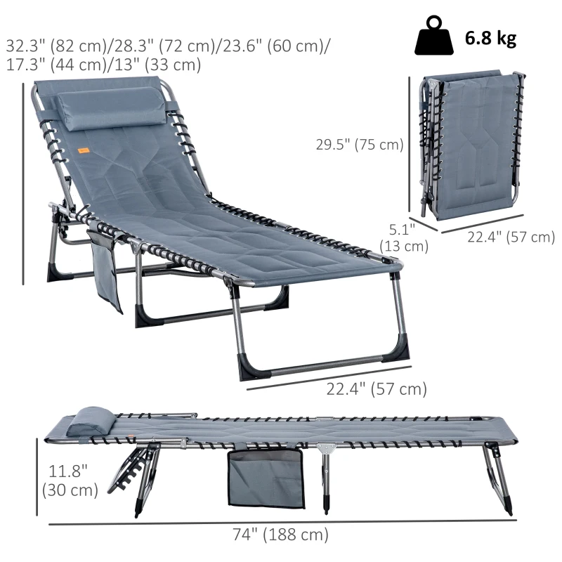 Outsunny Outdoor Lounge Chair, Folding Chaise Lounge, Patio Padded Tanning Chair with 5-position Adjustable Backrest, Pillow and Pocket for Deck, Beach, Lawn and Sunbathing, Grey