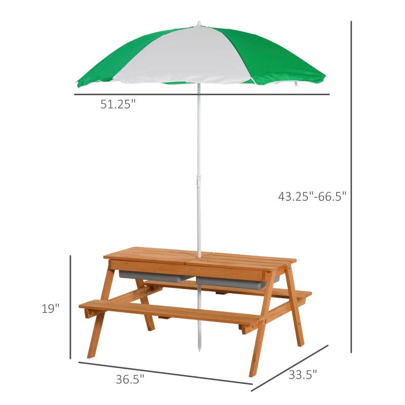 Outsunny Kids 3 in 1 Sand and Water Table, Wooden Outdoor Convertible Picnic Table with Umbrella and Storage Inside, Bench Backyard Furniture for Garden, Patio, or Balcony