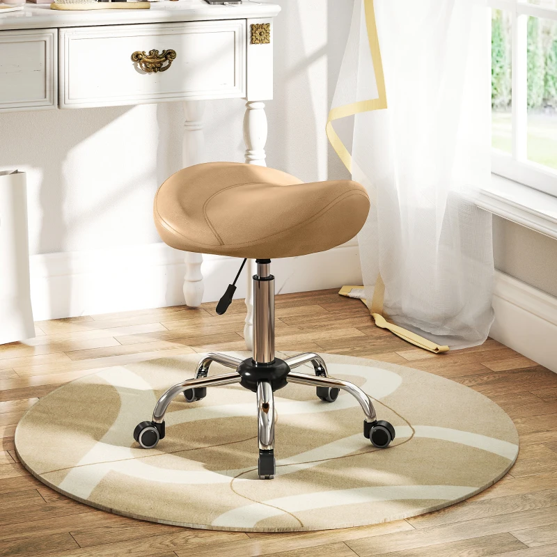 HOMCOM Saddle Stool, Height Adjustable Rolling Salon Chair with PU Leather for Massage, Spa, Clinic, Beauty and Tattoo, Brown