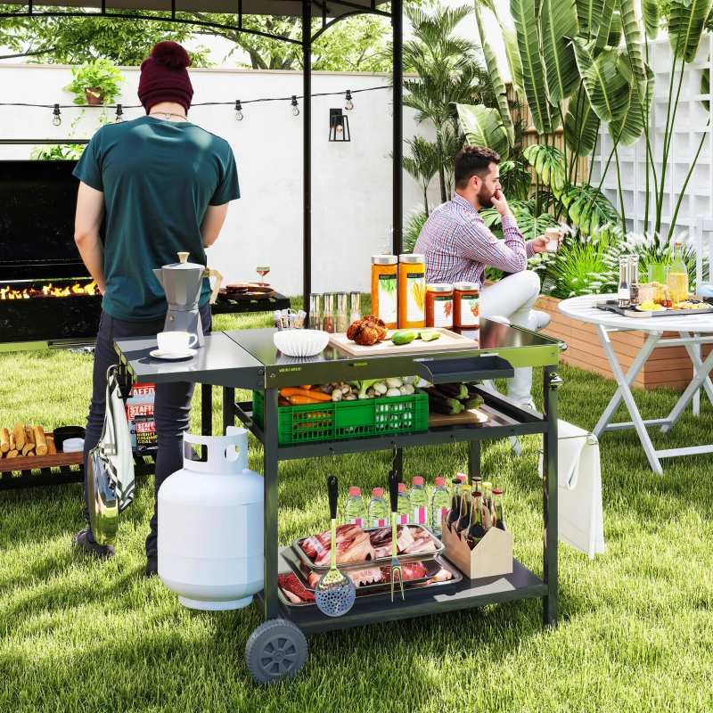 Outsunny Outdoor Bar Cart Grill Table with Stainless Steel Tabletop, Wheeled Outdoor Serving Cart Prep Table with Storage, Hooks