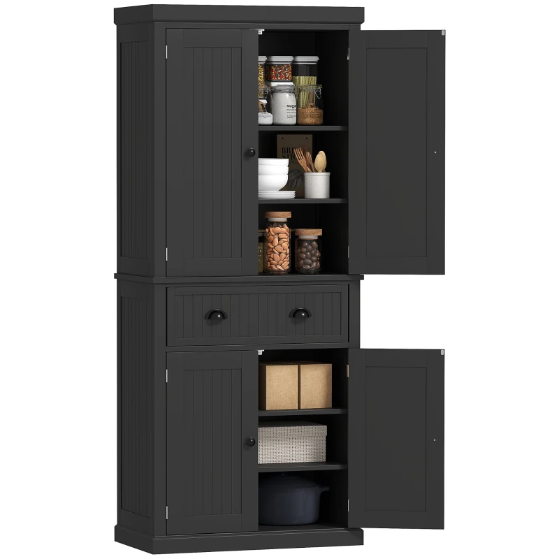 HOMCOM 72" Kitchen Pantry Storage Cabinet, Cupboard with 4 Doors and 3 Adjustable Shelves, Large Central Drawer, Black