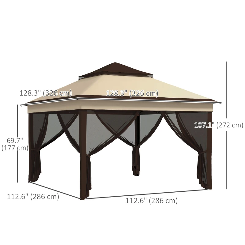Outsunny 10.7 x 10.7ft Pop Up Gazebo, Adjustable Instant Sun Shelter with UV30+ Roof Cover, Removable Mesh Curtains, Beige