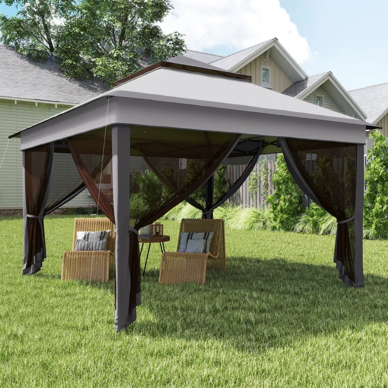 Outsunny 10.7 x 10.7ft Pop Up Gazebo, Adjustable Instant Sun Shelter with UV30+ Roof Cover, Removable Mesh Curtains, Light Grey