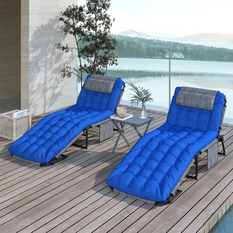Outsunny 2 Pieces Folding Lounge Chairs with 4-level Reclining Back, Outdoor Tanning Chair with Cushion, Sun Lounger with Breathable Mesh Fabric, Side Pocket, Headrest, Blue