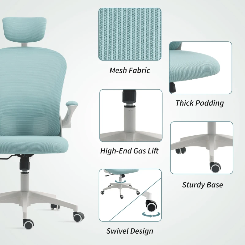 Vinsetto Office Chair, Mesh Computer Desk Chair with Adjustable Headrest, 4D Lumbar Support, Flip-up Arm, Light Green