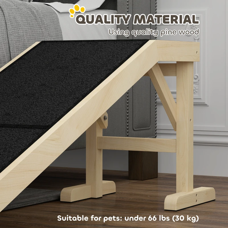 PawHut Pet Ramp Bed Steps for Dogs Cats Non-slip Carpet Top Platform Pine Wood 59"L x 16"W x 20"H Natural Wood