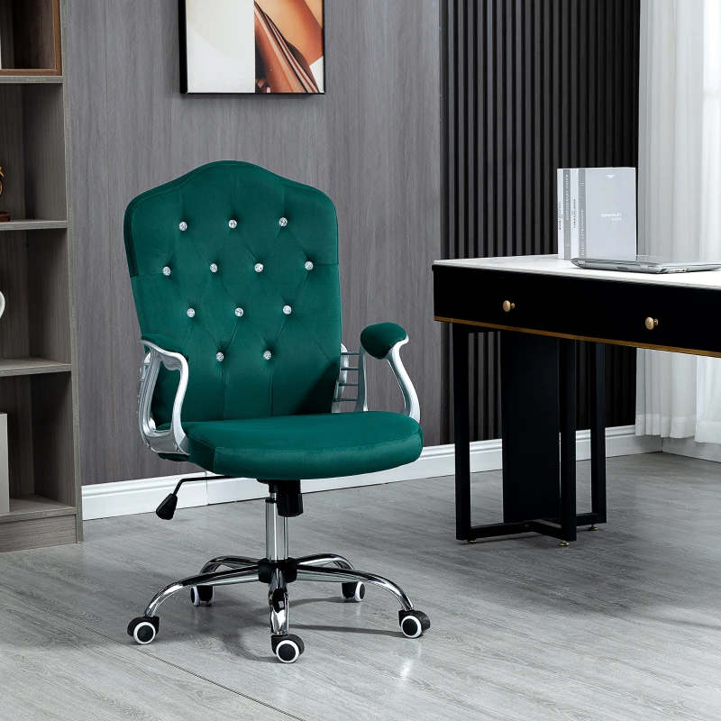 Vinsetto Velvet Computer Chair, Button Tufted Desk Chair with Swivel Wheels, Adjustable Height, Green