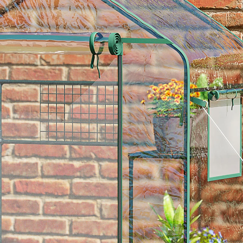 Outsunny Outdoor Walk-in Mini Greenhouse with Mesh Door & Windows, Small Portable Garden Green House with 3 Tiers 6 Shelves, Trellis, & Plant Labels