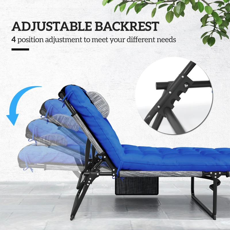 Outsunny 2 Pieces Folding Lounge Chairs with 4-level Reclining Back, Outdoor Tanning Chair with Cushion, Sun Lounger with Breathable Mesh Fabric, Side Pocket, Headrest, Blue