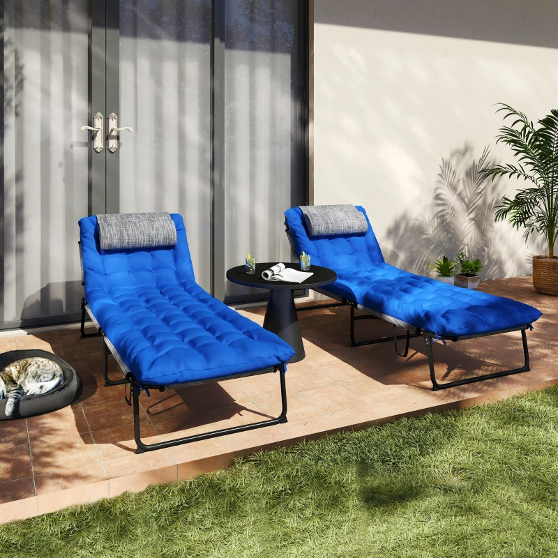 Outsunny 2 Pieces Folding Lounge Chairs with 4-level Reclining Back, Outdoor Tanning Chair with Cushion, Sun Lounger with Breathable Mesh Fabric, Side Pocket, Headrest, Blue