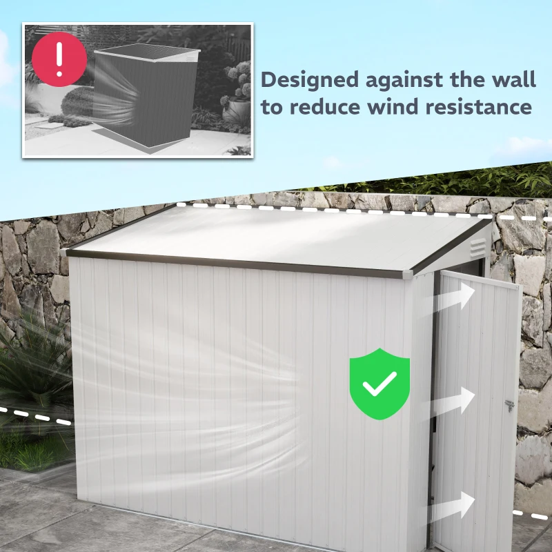 Outsunny 4' x 7.7' Lean to Garden Storage Shed, Outdoor Metal Tool House with Lockable Door Vents for Backyard Patio Lawn, White