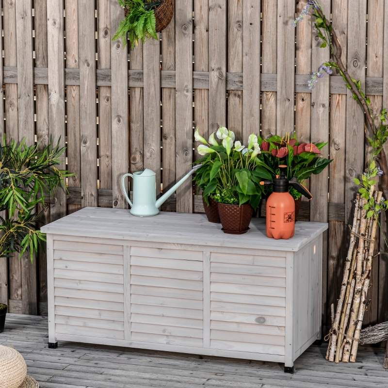 Outsunny 75 Gallon Wooden Storage Box patio Deck Box Bench, Garden Backyard Outdoor Storage Container with Aerating Gap & Weather-Fighting Finish, Grey