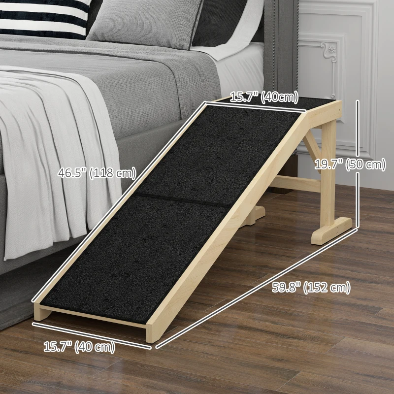PawHut Pet Ramp Bed Steps for Dogs Cats Non-slip Carpet Top Platform Pine Wood 59"L x 16"W x 20"H Natural Wood