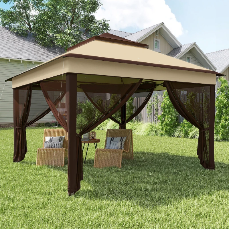 Outsunny 10.7 x 10.7ft Pop Up Gazebo, Adjustable Instant Sun Shelter with UV30+ Roof Cover, Removable Mesh Curtains, Beige