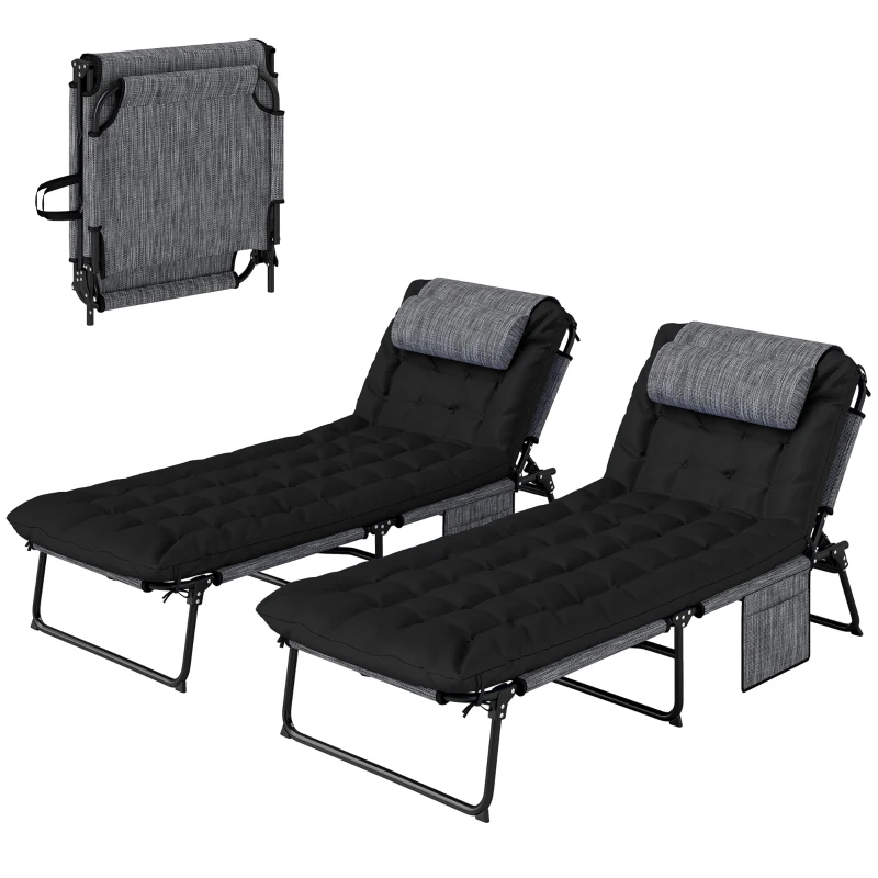 Outsunny 2-Piece Folding Lounge Chairs with Adjustable Backrest, Tanning Chair with Cushion, Side Pocket, Headrest, Black
