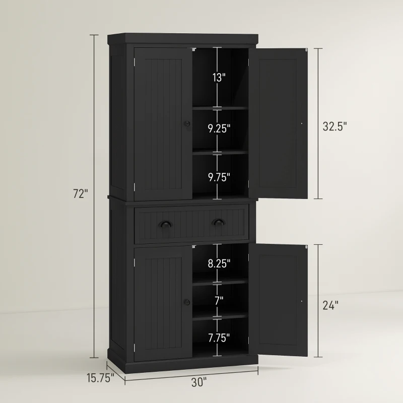 HOMCOM 72" Kitchen Pantry Storage Cabinet, Cupboard with 4 Doors and 3 Adjustable Shelves, Large Central Drawer, Black