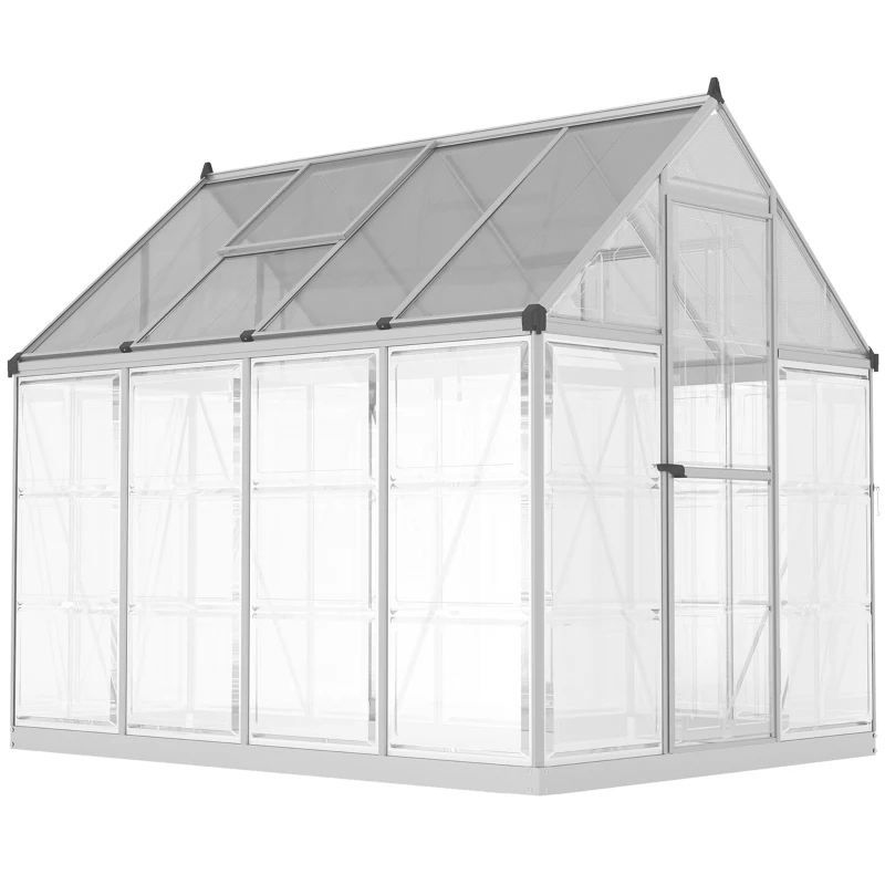 Outsunny 6' x 8' Walk-in Polycarbonate Greenhouse Aluminium Green House with 2 PC Panel Types, 5-Level Roof Vent, Rain Gutter