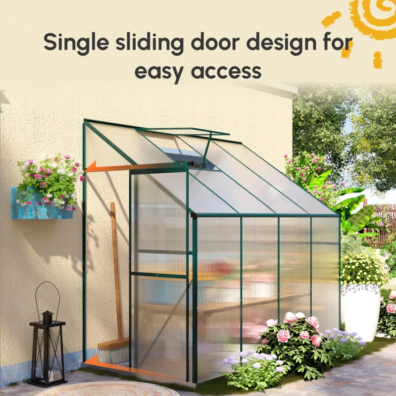 Outsunny 8' x 4' x 7' Hobby Greenhouse, Walk-in Lean-To Polycarbonate Hot House Kit with Aluminum Frame, Sliding Door, Roof Vent, Green