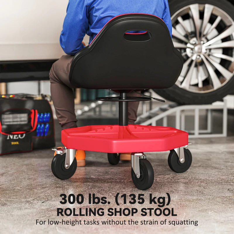 HOMCOM Rolling Garage Stool, 300 LBS Capacity Mechanic Stool with 5" Wheels, Tool Tray Storage, Adjustable Height, Red