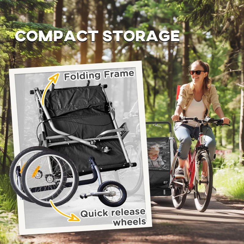 Aosom 2-in-1 Bike Trailer for Kids, Foldable 2-Seat Baby Stroller with 5-Point Harness, Rubber Wheels, Storage Bag, Black