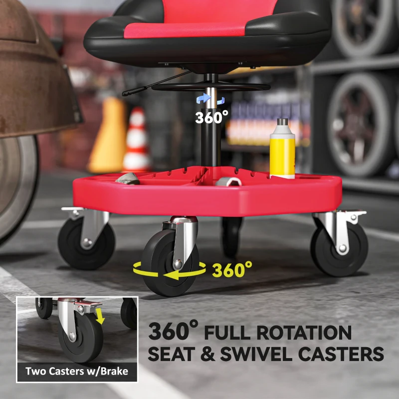 HOMCOM Rolling Garage Stool, 300 LBS Capacity Mechanic Stool with 5" Wheels, Tool Tray Storage, Adjustable Height, Red