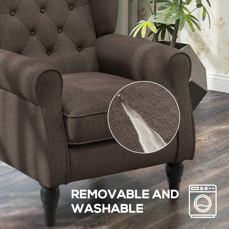 HOMCOM Wingback Accent Chair for Living Room, Button-Tufted Lounge Chair with Round Armrests and Wood Legs, Dark Brown