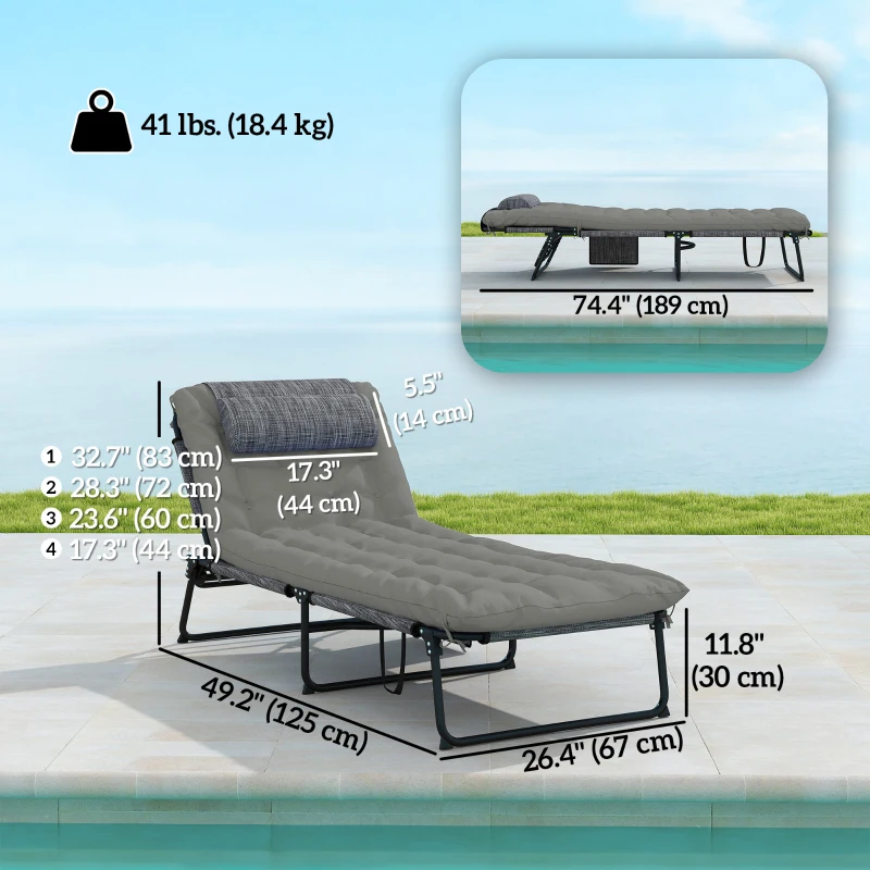 Outsunny 2-Piece Folding Lounge Chairs with Adjustable Backrest, Tanning Chair with Cushion, Side Pocket, Headrest, Grey