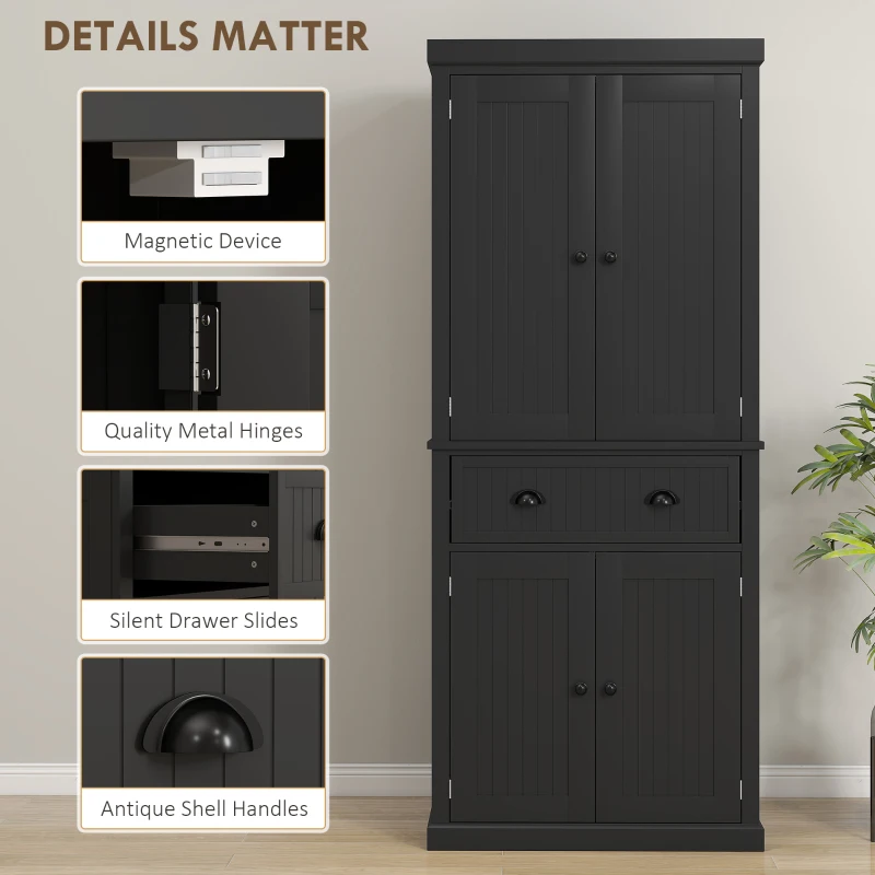 HOMCOM 72" Kitchen Pantry Storage Cabinet, Cupboard with 4 Doors and 3 Adjustable Shelves, Large Central Drawer, Black