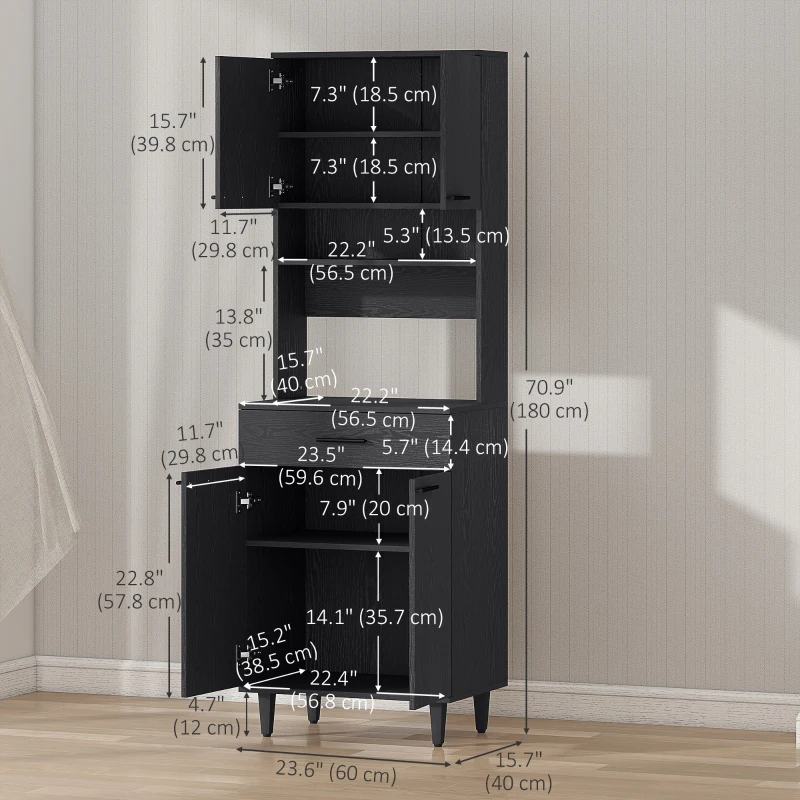 HOMCOM Modern Kitchen Buffet with Hutch Wooden Storage Cupboard with Microwave Counter 2 Cabinet and Drawer for Dining Room Living Room Black