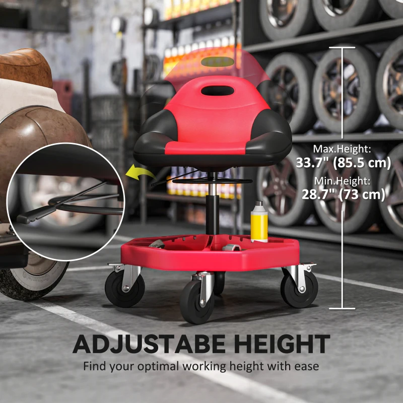 HOMCOM Rolling Garage Stool, 300 LBS Capacity Mechanic Stool with 5" Wheels, Tool Tray Storage, Adjustable Height, Red