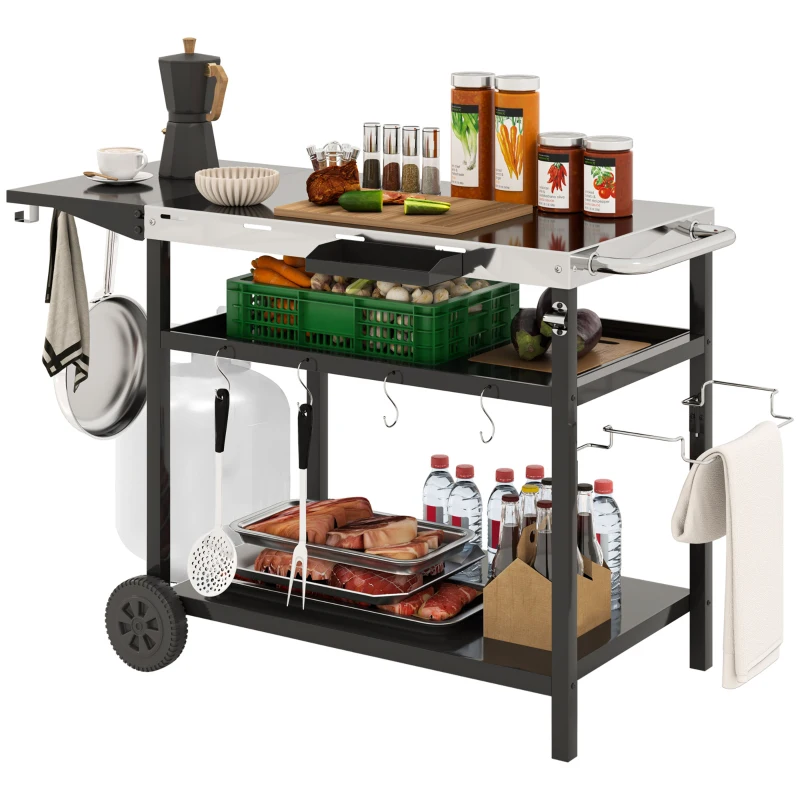 Outsunny Outdoor Bar Cart Grill Table with Stainless Steel Tabletop, Wheeled Outdoor Serving Cart Prep Table with Storage, Hooks