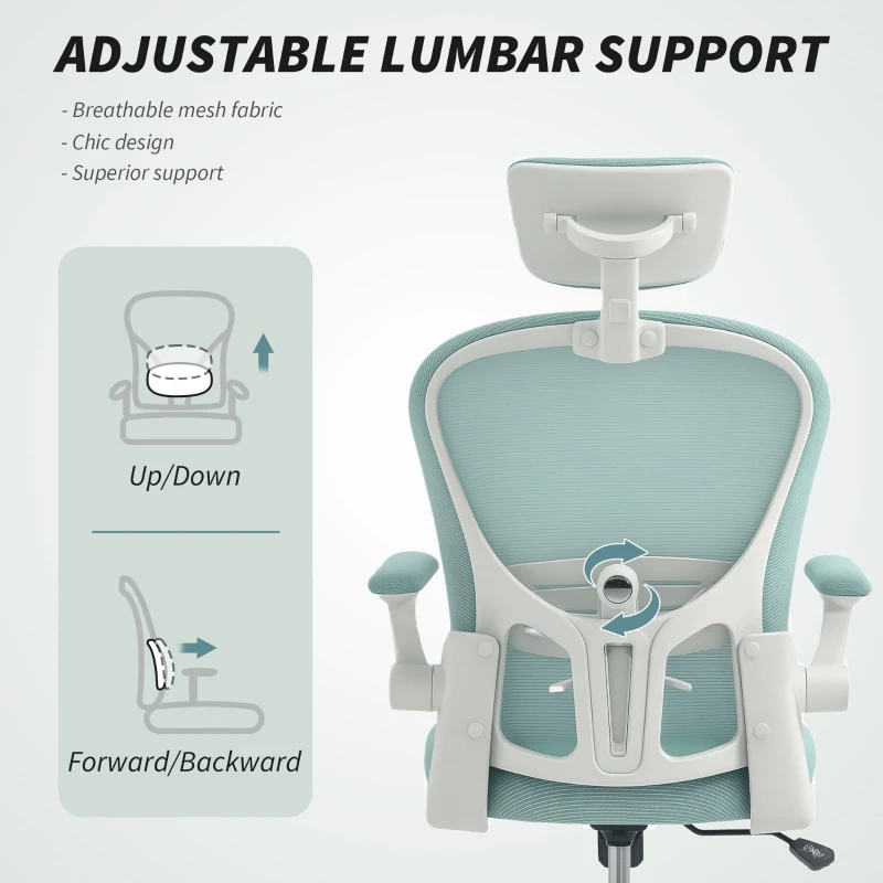 Vinsetto Office Chair, Mesh Computer Desk Chair with Adjustable Headrest, 4D Lumbar Support, Flip-up Arm, Light Green