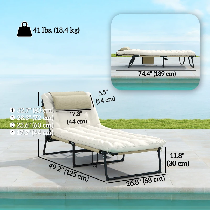 Outsunny 2-Piece Folding Lounge Chairs with Adjustable Backrest, Tanning Chair with Cushion, Side Pocket, Headrest, Beige